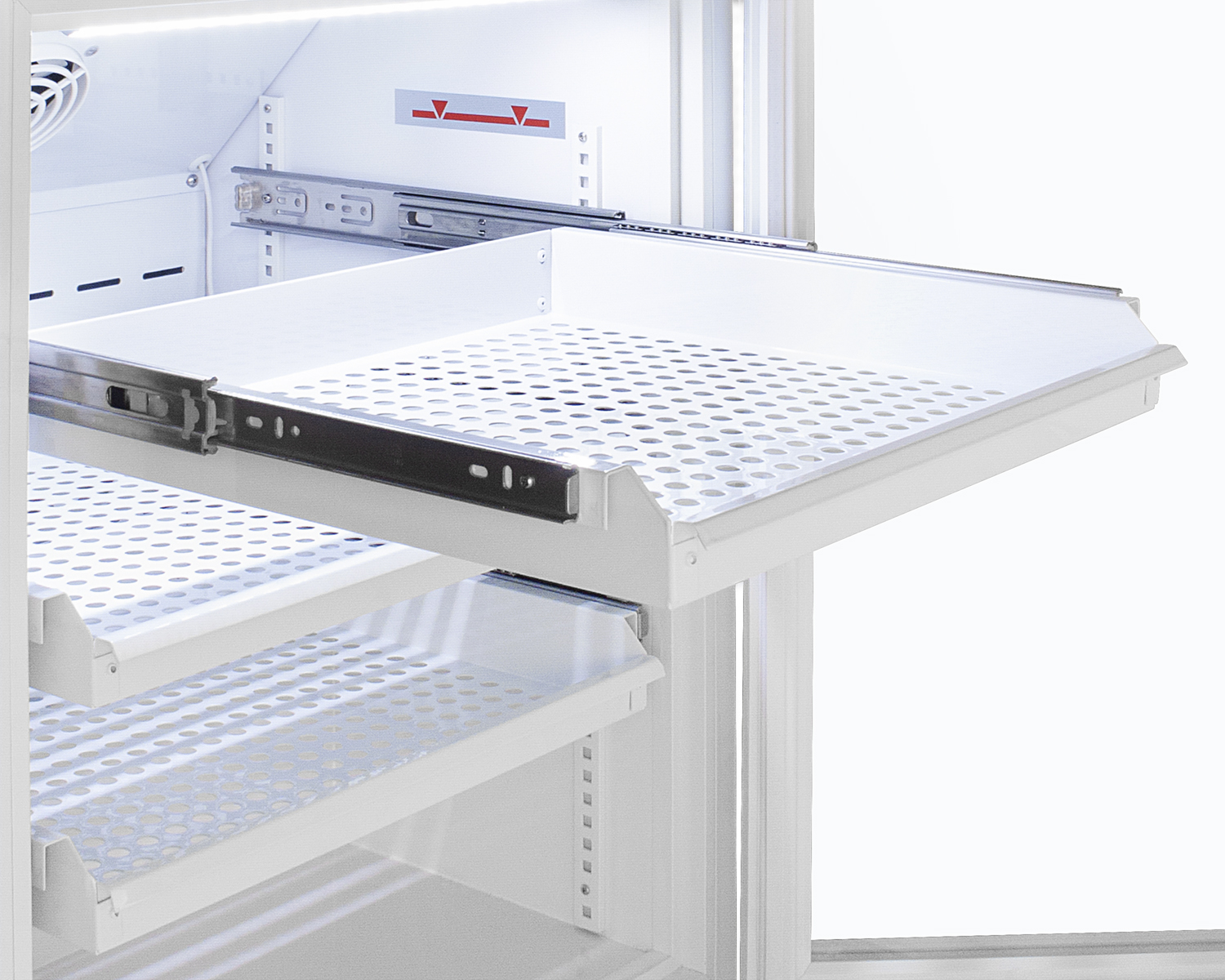 Performance series Med-Lab 12 cu.ft. upright glass door all-refrigerator with six ventilated removable drawers, antimicrobial silver-ion handle, and hospital grade cord with 'green dot' plug